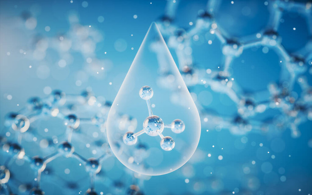 Химическая молекула с голубым фоном, 3d рендеринг. Цифровой рисунок. - Фото, изображение