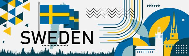 Sweden national day banner with geometric retro icons and Swedish flag map color scheme. Landmarks like Riddarholmen church, city hall Stockholm in background. 6 June celebration. Blue Yellow. Vector  - Vector, Image