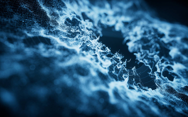 Abstract particles with wave pattern, 3d rendering. Computer digital drawing. - Foto, afbeelding