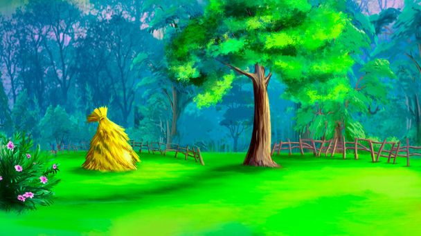 Haystack в зеленом саду в солнечный день. Цифровая живопись фон, иллюстрация. - Фото, изображение