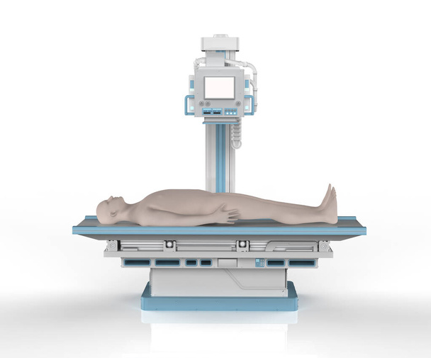 3d rendering x-ray behandeling met x-ray scanner machine en model patiënt - Foto, afbeelding