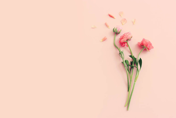Top view image of pink flowers composition over pastel background - Foto, Imagem