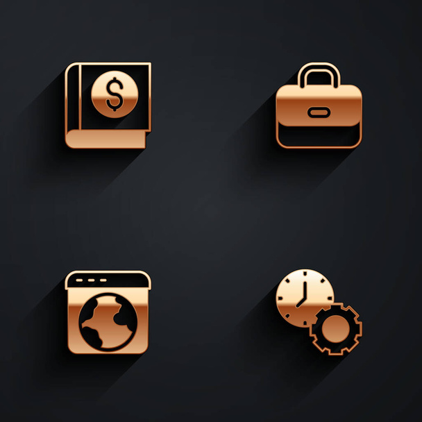 Set Financial book, Briefcase, Worldwide and Time management icon with long shadow. Vector - Vecteur, image