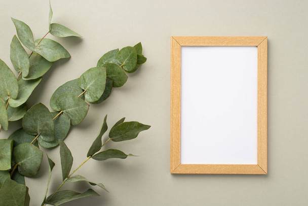 Top view photo of wooden photo frame and eucalyptus branches on pastel grey background with copyspace - Foto, imagen