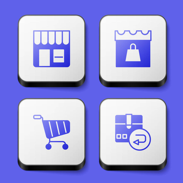 Set Market store, Shopping day, cart and Return cardboard box icon. White square button. Vector - Вектор, зображення