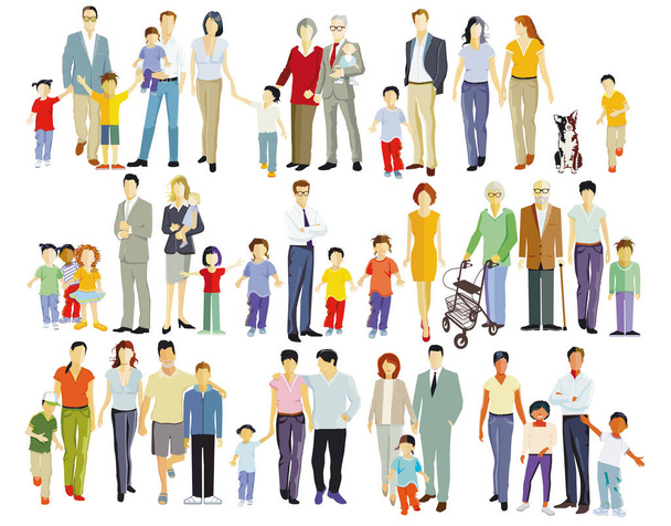 Genitori e figli, gruppi familiari isolati su bianco, illustrazione - Vettoriali, immagini