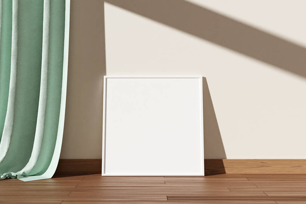 Minimalist and clean square white poster or photo frame mockup on the wooden floor leaning against the room wall. 3D Rendering. - Foto, imagen