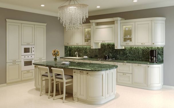 Pastel kitchen with island and chandelier. 3D rendering. - Fotoğraf, Görsel