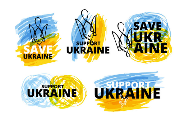 Písemné pohlednice ručně kreslené kolem Podpora Ukrajiny. Modrá žlutá ukrajinská vlajka pozadí. - Vektor, obrázek