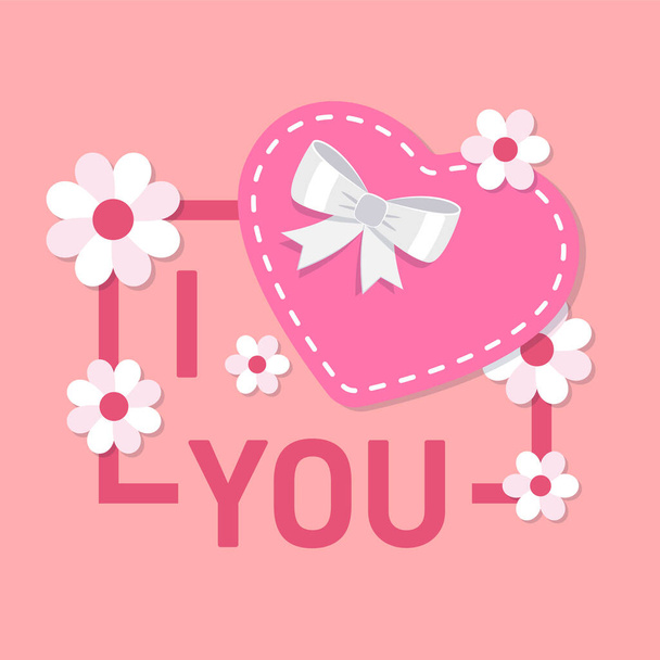 I love you vector illustration in flat design. I heart you. I love you lettering in frame with heart, bow and flowers. Holiday greeting card for Valentines day, Mothers day, Birthday and wedding - Vector, Image