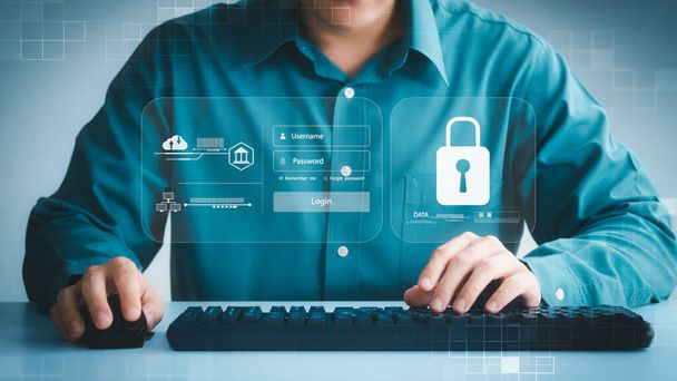 kiberbiztonsági koncepció Globális hálózatbiztonsági technológia, üzletemberek védik a személyes adatokat. Titkosítás egy kulcsfontosságú ikonnal a virtuális felületen. - Fotó, kép