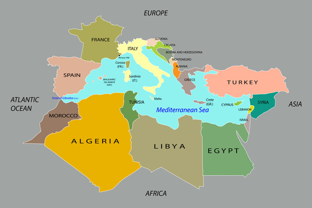 Países que rodean el mar Mediterráneo
 - Vector, imagen