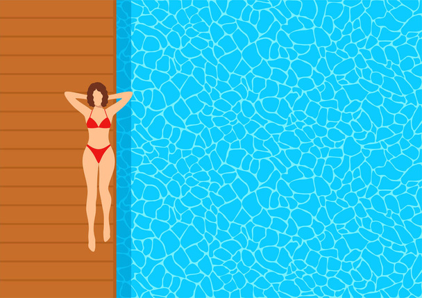 Mujer en bikini rojo junto a la piscina azul - Vector, Imagen