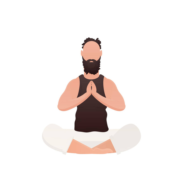 A young guy sits in the lotus position. Isolated. Cartoon style. Vector illustration - Vektör, Görsel