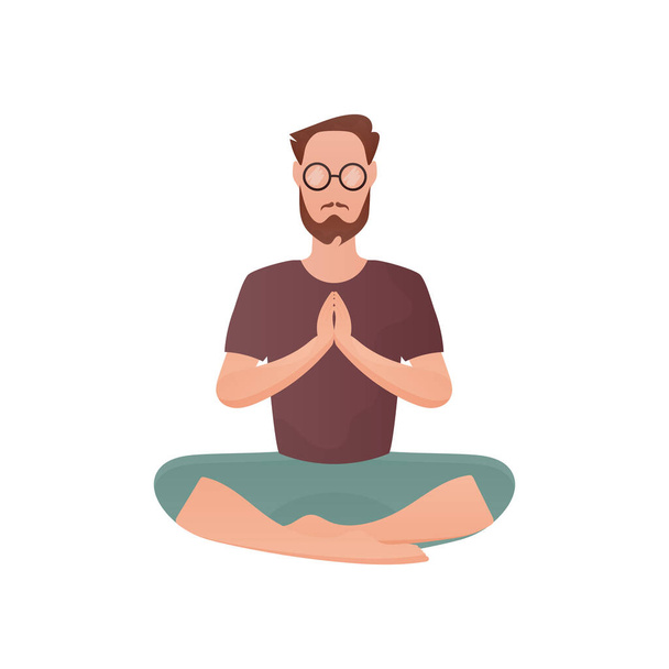 Ein gut gebauter Mann sitzt in einer Lotusposition und meditiert. Isoliert. Cartoon-Stil. Vektorillustration - Vektor, Bild