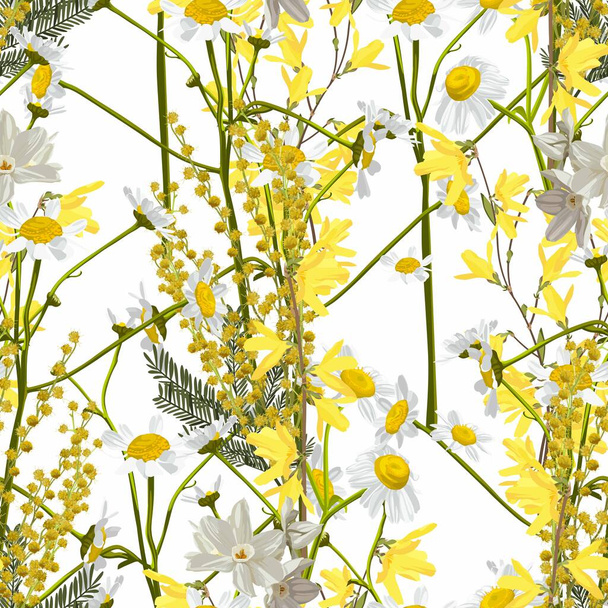 Meadow wildflower seamless  pattern. Botanical floral background. Delicate field flower and herb illustration. - Vektör, Görsel