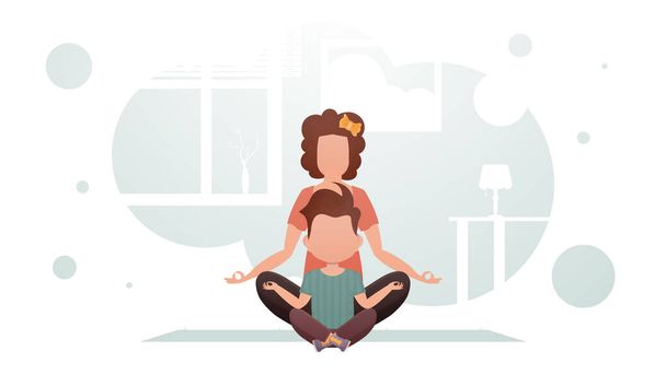 Mamá e hijo están sentados haciendo yoga en la posición de loto. Yoga. Estilo de dibujos animados. Ilustración vectorial - Vector, imagen