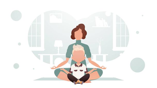 Mom and son sit in the lotus position. Yoga. Cartoon style. Vector illustration - Vetor, Imagem