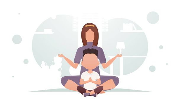 Mom and son are sitting in the room doing yoga in the lotus position. Yoga. Cartoon style. Vector illustration - Vektori, kuva