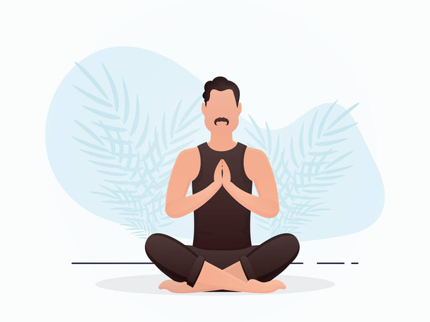 Ein Mann sitzt in einem Raum und meditiert. Meditation. Cartoon-Stil. Vektorillustration - Vektor, Bild