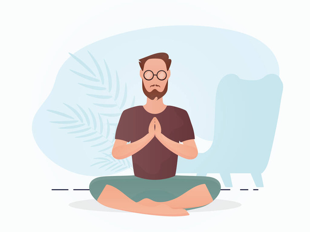 A guy with a strong physique is sitting and doing yoga. Meditation. Cartoon style. Vector illustration - Вектор,изображение