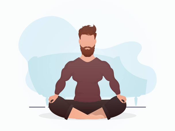 Un hombre se sienta y medita. Meditación. Estilo de dibujos animados. Ilustración vectorial - Vector, imagen