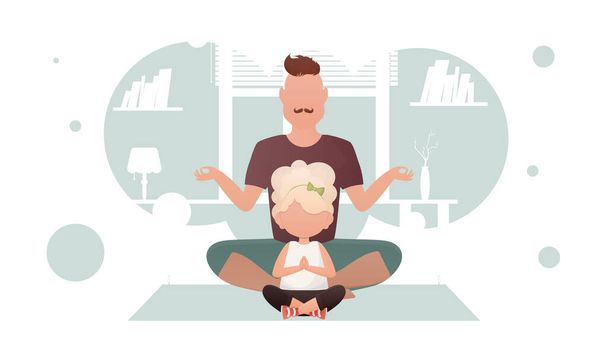 Papá y su hija están sentados meditando en la posición de loto. Yoga. Estilo de dibujos animados. Ilustración vectorial - Vector, imagen