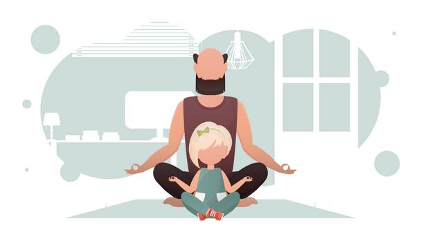 A man with a little girl are sitting meditating in the lotus position. Meditation. Cartoon style. Vector illustration - Vektori, kuva