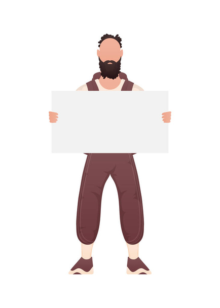 A guy with a strong physique holds a blank sheet in his hands. Isolated. Cartoon style. Vector illustration - Vector, Image