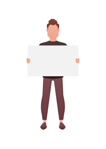 A man is in full growth and holds an empty space for advertising in his hands. Isolated. Cartoon style. Vector illustration - Vektori, kuva