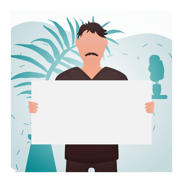 A man holds a blank sheet in his hands. Place for your advertisement. Cartoon style. - Vettoriali, immagini