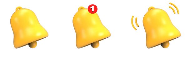 Ilustração 3d do ícone do sino de notificação definido isolado no fundo branco. Sino de toque amarelo com nova notificação para lembrete de mídia social. - Foto, Imagem