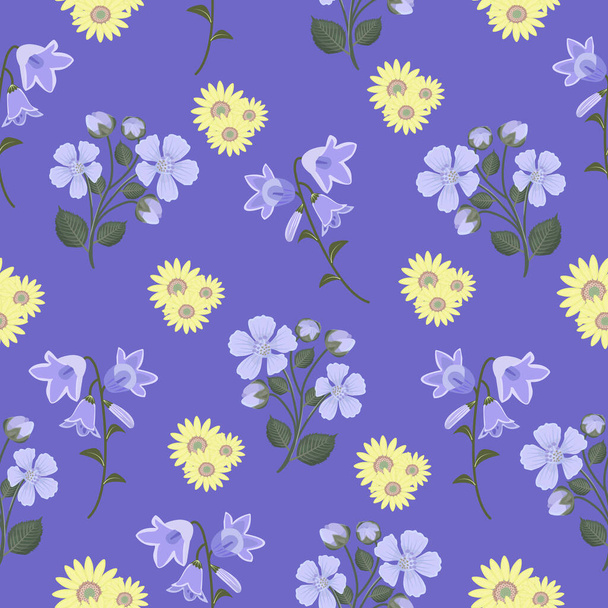 Απρόσκοπτη μοτίβο με ηλιοτρόπια, καμπανούλες και άνθη βατόμουρου - Διάνυσμα, εικόνα