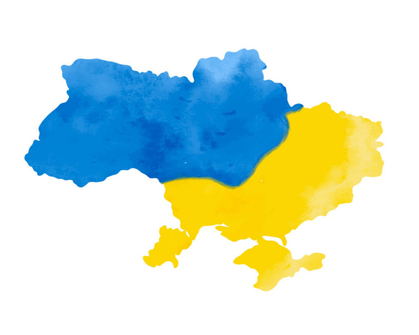 Watercolor textured map of Ukraine. Ukrainian artistic map silhouette with yellow and blue watercolour paint brush strokes. Vector illustration isolated on white. Ukrainian border silhouette drawing. - Vector, Image