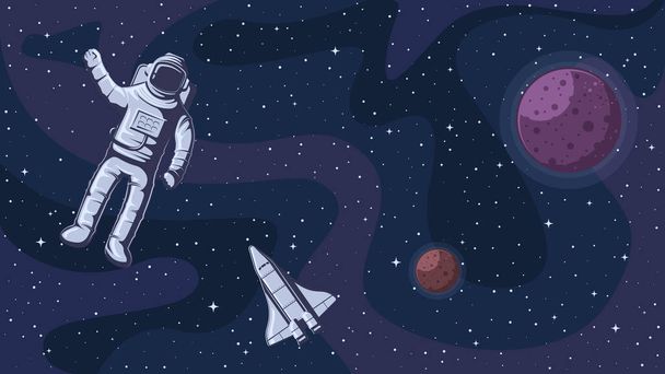 Open Space. Astronaut in spacesuit in outer space, cosmos with stars vector background - Διάνυσμα, εικόνα