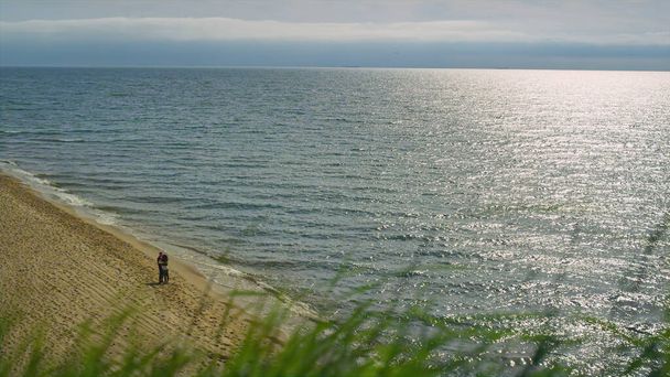 Couple standing beach landscape. Close up grass blowing wind on sea background. - Valokuva, kuva