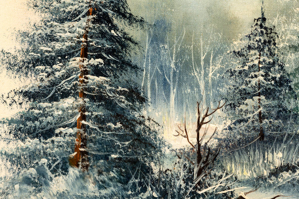 Evergreen pine trees in a snowy field. Close up of vintage winter scene oil painting. Christmas concept. - Fotó, kép