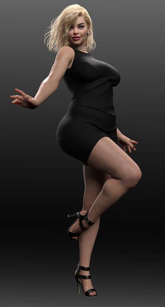 Urban Fantasy Big schöne Frau kurvige Blondine in einem kleinen schwarzen Kleid  - Foto, Bild