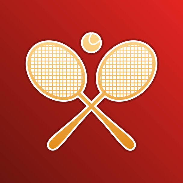 Twee tennisracket met balbord. Gouden gradiënt Ikoon met contouren op rode achtergrond. - Vector, afbeelding