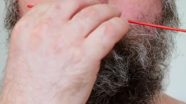 The man combs his beard. An adult man is styling his unkempt gray brown beard in the bathroom. Densely overgrown beard and mustache on the face of a man. Hair care with a comb in hand. Close-up - Felvétel, videó