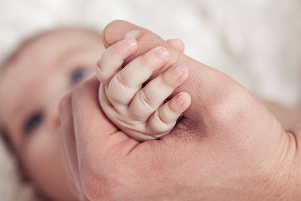 Szülői kéz újszülött kisujjakkal, közelről anyai kéz az újszülött kisbabájukkal. Szerelem családi nap, egészségügyi és orvosi test részben apák napja koncepció - Fotó, kép