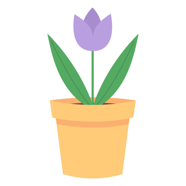 Fleur dans un pot jaune isolé sur un fond blanc. Tulipe violette avec feuilles. - Vecteur, image