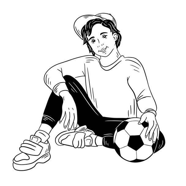 The boy sits on the floor and holds the ball.Football.Vector illustration. - Vector, Imagen