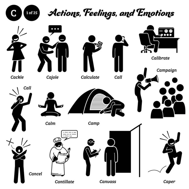 Stick figure human people man action, feelings, and emotions icons starting with alphabet C. Cackle, cajole, calculate, call, calibrate, campaign, calm, camp, cancel, cantillate, canvass, and caper. - Vector, Image
