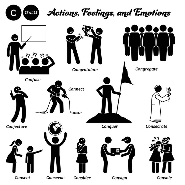 Stick figure human people man action, feelings, emotions icons alphabet C. Confuse, congratulate, congregate, conjecture, connect, conquer, consecrate, consent, conserve, consider, consign, console. - Vector, Image