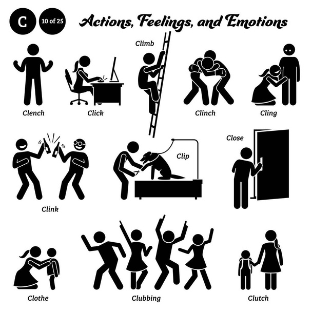 Stick figure human people man action, feelings, and emotions icons starting with alphabet C. Clench, click, climb, clinch, cling, clink, clip, close, clothe, clubbing, and clutch. - Vettoriali, immagini