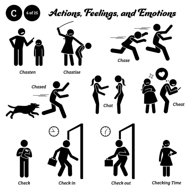 Stick figure human people man action, feelings, and emotions icons starting with alphabet C. Chasten, chastise, chase, chased, chat, cheat, check in out, and checking time. - Vector, Image