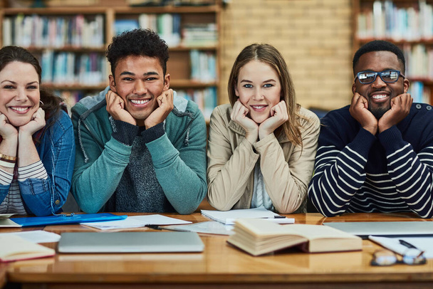 Образование - это врата к великим вещам. Портрет группы студентов университета, сидящих в библиотеке кампуса. - Фото, изображение