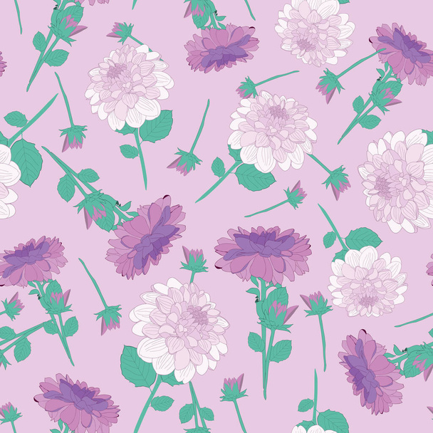 Purple dahlia flowers seamless pattern illustration - Vektör, Görsel