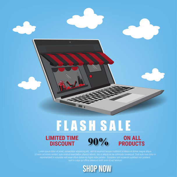 realistic store in your laptop with shadow. banner for online shop - Vector, Image